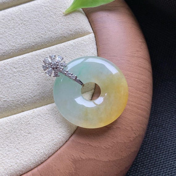 18K Gold Bail Authentic Burmese Icy Jadeite Mini Floating Yellow Donut Pendant Certified Tpye A