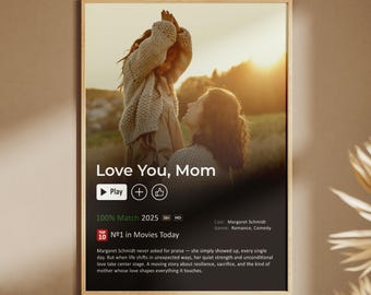 Puede incluir: Un póster enmarcado con el título "Love You, Mom" presenta una conmovedora imagen de una madre y su hijo. El póster incluye texto que indica que es un archivo digital, con detalles sobre el elenco y el género de la película.