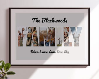 Könnte beinhalten: Ein gerahmter Druck mit dem Wort "FAMILY", das aus Familienfotos besteht. Der Familienname "The Blackwoods" steht über dem Wort "FAMILY". Die Namen "Tatum, Sienna, Luna, Ezra, Sky" stehen darunter. Die Worte "DIGITAL FILE" stehen unten.