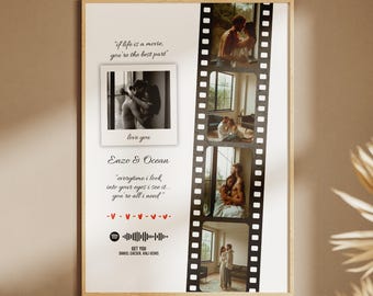May include: A framed print featuring a film strip design with four photos of a couple. The print includes text: "if life is a movie, you're the best part", "love you", "Enzo & Ocean", and "everytime i look into your eyes i see it... you're all i need". The bottom reads "DIGITAL FILE".