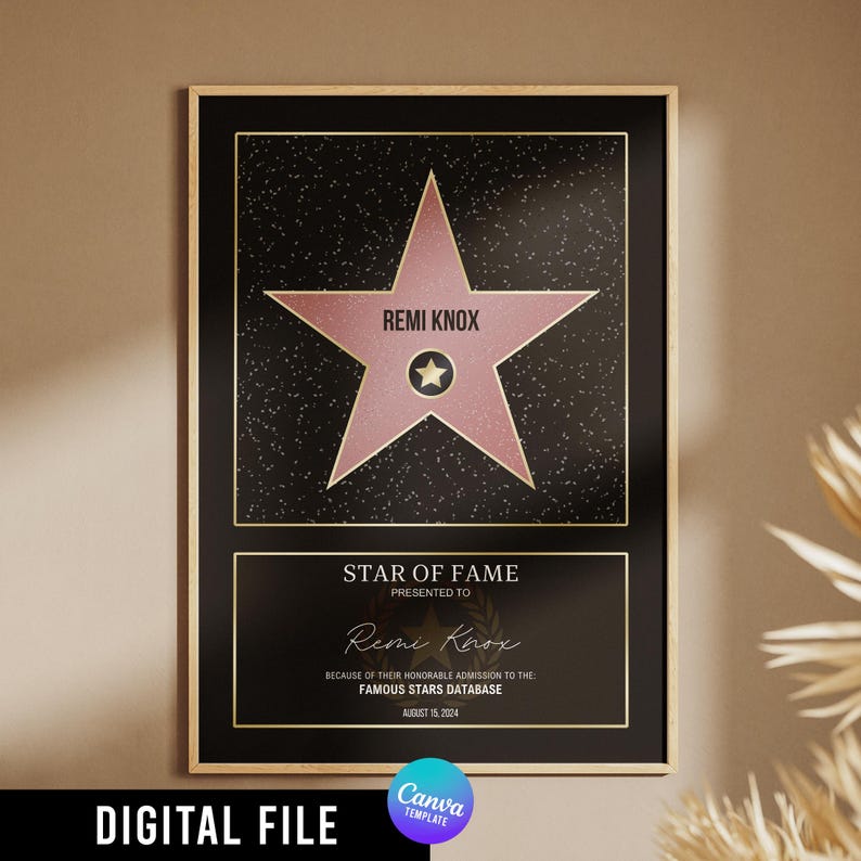 Estrella de la fama de Hollywood - Plantilla Canva | Icónico y clásico | Decoración personalizada, arte mural, decoración del hogar, regalo de cumpleaños, productos digitales. imagen 1