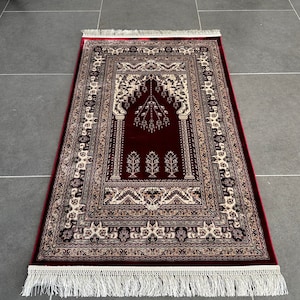 Red Silk Prayer Mat, Luxury Muslim Prayer Rug, Beige Prayer Carpet, Gift Mat, Janamaz Mat, High Quality Rug, Unique Silk Rug, 2.62*4.10 ft