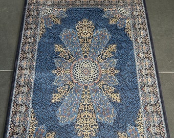 Blue Small Silk Rug/ Luxury Home Gift/ Silk Entryway Rug/ Gold Oriental Rug/ Silk Bath Mat/ Bamboo Silk Rug/ Traditional Gift/ 2.62*3.94 ft.
