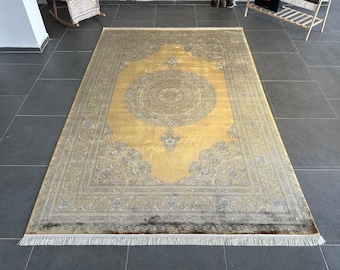 Gold Bamboo Silk Area Rug: Turkish Oriental Palace Carpet (7x10)