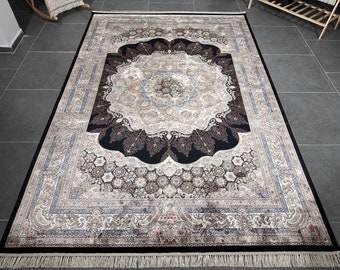 Black Oriental Silk Rug: Turkish Living Room Carpet (6.56x9.51 ft)