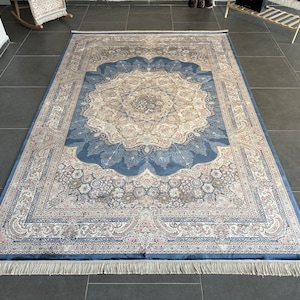 Blue Area Rug/ Silk Rug for Home/ Luxury Decorative Carpet/ Top Quality Silk Carpet/ Beige Bamboo Silk Rug/ Persian Silk Rug/ 6.56*9.51 ft.
