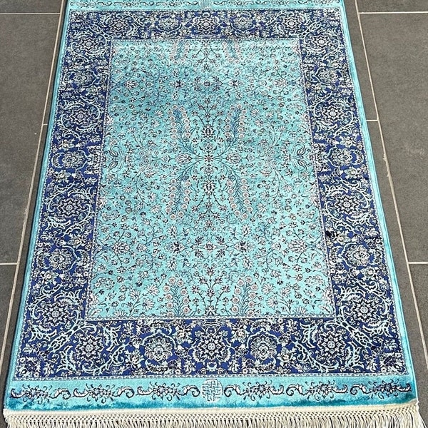 Petit tapis turquoise/ Cadeau pour la maison de luxe/ Tapis minimaliste/ Tapis miniature bleu/ Tapis de bain en soie/ Tapis en bambou et soie/ Cadeau traditionnel/ 1,97 x 2,95 pi.