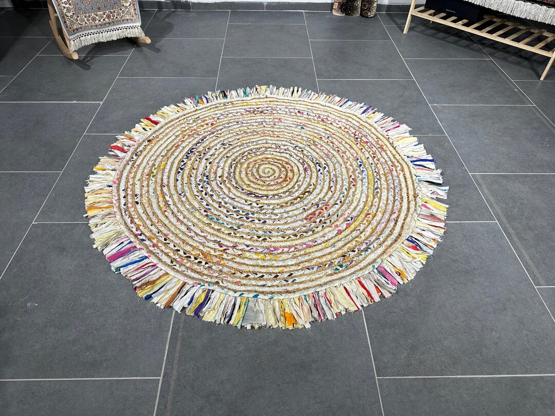 Colorful Jute Rug/ Circle Jute Rug/ Handmade Rug for Home/ Rustic Round ...