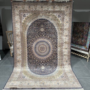 Green Area Rug/ Silk Rug for Home/ Luxury Decorative Carpet/ Top Quality Silk Carpet/ Beige Bamboo Silk Rug/ Oriental Silk Rug/ 6.56*9.84 ft