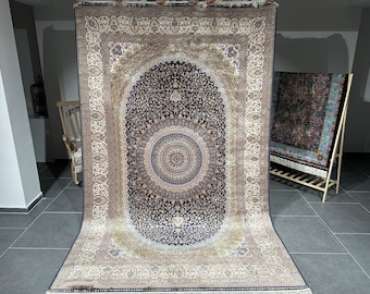 Alfombra oriental de seda de bambú: lujosa alfombra verde decorativa (2,08 x 3,08 m)