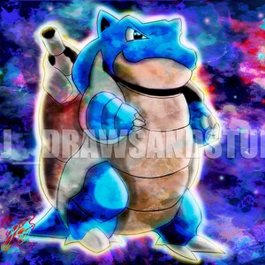 May include: A digital illustration of a blue Blastoise character with a light blue outline, standing against a vibrant, colorful background. The artwork includes the text "AL DRAWS AND STUFF" and a signature. The character has a turtle-like appearance.