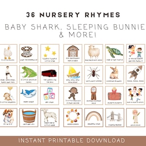 Peut inclure: Une affiche imprimable intitulée 36 Nursery Rhymes, Baby Shark, Sleeping Bunnies & More! présentant une grille de trente-six illustrations carrées. Chaque carré contient un dessin style aquarelle illustrant une comptine avec son titre.