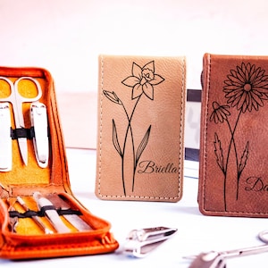 Birth Flower Manicure Set,  Leather Manicure Set, Customed Manicure Set, Travel Nail Kit, Birth Flower Manicure Set Case, Birthday Gift
