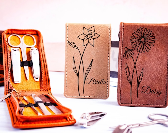 Birth Flower Faux Leather Manicure Set, Personalized Travel Nail Kit