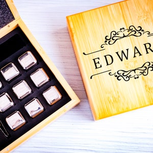 Personalized Whiskey Stones Set in Bamboo Case, Whiskey Stones Set, Whiskey Stone Set, Chilling Stones, Custom Whiskey Stones, Gift For Him