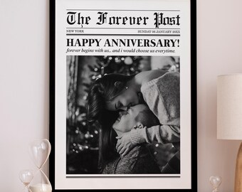 Marco de periódico de aniversario personalizado, regalo de aniversario, regalo para parejas, regalo para el primer aniversario, regalo para la esposa, impresión de fotos de pareja