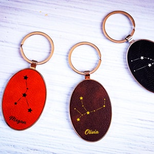 Personalized Zodiac Star Keychain, Zodiac Sign Engraved Keychain, Astrology Gifts, Horoscope Gifts, Gift For Her, Custom Leather Keychain