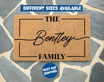 Felpudo personalizado con nombre de familia, felpudo de bienvenida personalizado, felpudo con apellido, decoración de exteriores, decoración de entrada, regalo de inauguración de la casa, regalo de boda