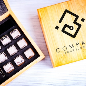 Company Logo Whiskey Stones Set in Bamboo Case, Business Logo Whiskey Stones Set, Whiskey Stone Set, Chilling Stones, Custom Whiskey Stones
