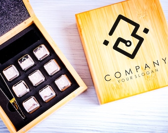 Company Logo Whiskey Stones Set in Bamboo Case, Business Logo Whiskey Stones Set, Whiskey Stone Set, Chilling Stones, Custom Whiskey Stones
