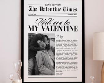 Impresión de periódico "¿Serás mi Valentín?", regalo de San Valentín, impresión de foto de pareja, regalo para novia, periódico vintage, impresión de cita.