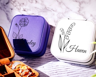 Birth Flower Jewelry Box, Travel Jewelry Case, Birth Flower Travel Leather Jewelry Case, Birth Flower Jewelry Organizer, Custom Jewelry Box