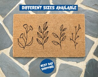 Felpudo floral botánico, felpudo con arte lineal, felpudo minimalista, felpudo para exteriores, felpudo de bienvenida, decoración para puerta de entrada, felpudo de fibra de coco, regalo para casa nueva.