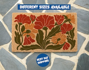 Felpudo retro con flores, felpudo moderno bohemio, decoración floral para el hogar, felpudo de mediados de siglo, decoración de entrada, regalo para casa nueva, decoración de porche, felpudo de fibra de coco.