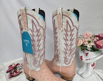 New LANE Skylight Ostrich Cowgirl Boots W/ SWAROVSKI Crystals 9.5