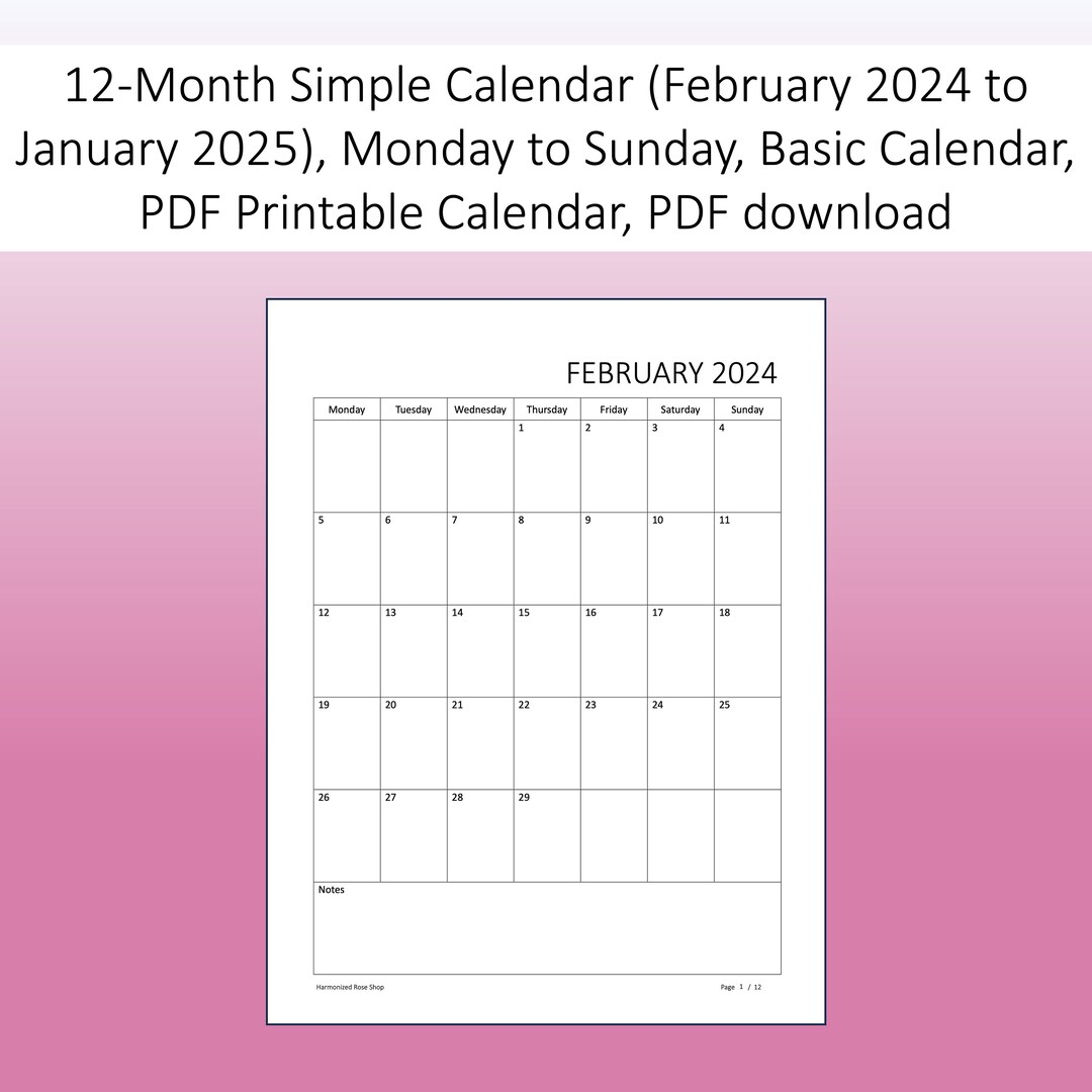12-month Simple Calendar february 2024 to January 2025, Monday to ...