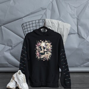 Skull hoodie, Vintage Hoodie, women&#39;s floral sweatshirt, flower hoodie, floral print hoodie, floral design hoodie