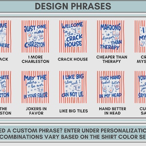 May include: A grid of ten rectangular design options featuring blue text and Mahjong tile graphics against a background of vertical red stripes. Each design includes unique phrases like It's Five O'Crack Somewhere and Mahjong Is Cheaper Than Therapy.