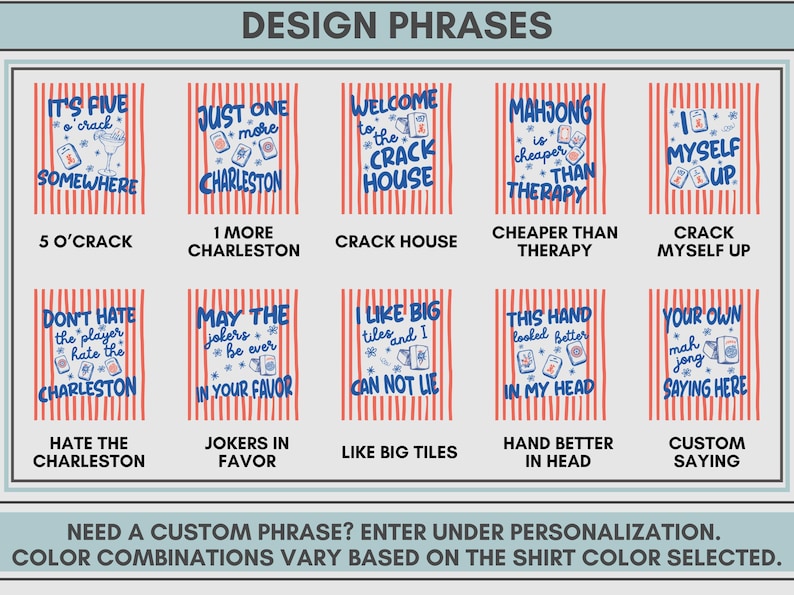 May include: A grid of ten rectangular design options featuring blue text and Mahjong tile graphics against a background of vertical red stripes. Each design includes unique phrases like It's Five O'Crack Somewhere and Mahjong Is Cheaper Than Therapy.