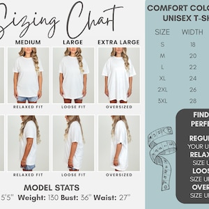 May include: A sizing chart for a Comfort Colors 1717 unisex t-shirt featuring front and side views of a model in small, medium, large, and extra-large sizes. It includes a table with width and length in inches, model stats, and fit instructions.