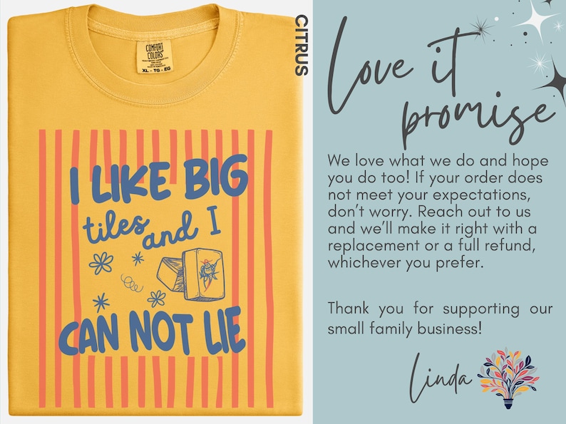 May include: A citrus yellow t-shirt featuring a graphic with vertical orange stripes and the blue text I LIKE BIG tiles and I CAN NOT LIE, accompanied by illustrations of mahjong tiles and small floral accents, with a Comfort Colors brand label.