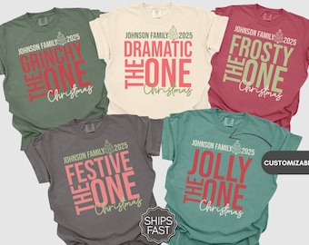 May include: Five short-sleeved t-shirts in different colours, each with a Christmas design. The shirts have phrases such as "Grinchy," "Dramatic," "Frosty," "Festive," and "Jolly," along with the text "Johnson Family 2025" and "Christmas."