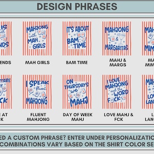 May include: A collection of ten graphic designs featuring blue text and mahjong tile illustrations over a background of vertical red stripes. Phrases include Life is Better with Mah Friends, Mahjong with Mah Girls, It's About Bam Time, Mahjong & Margaritas, Mahjong & Mimosas, Don't Stare at My Rack, I Speak Fluent Mahjong, On Thursdays We Mahj, I Love Mahjong and the Word Fck, and Mahjong is My Love Language.