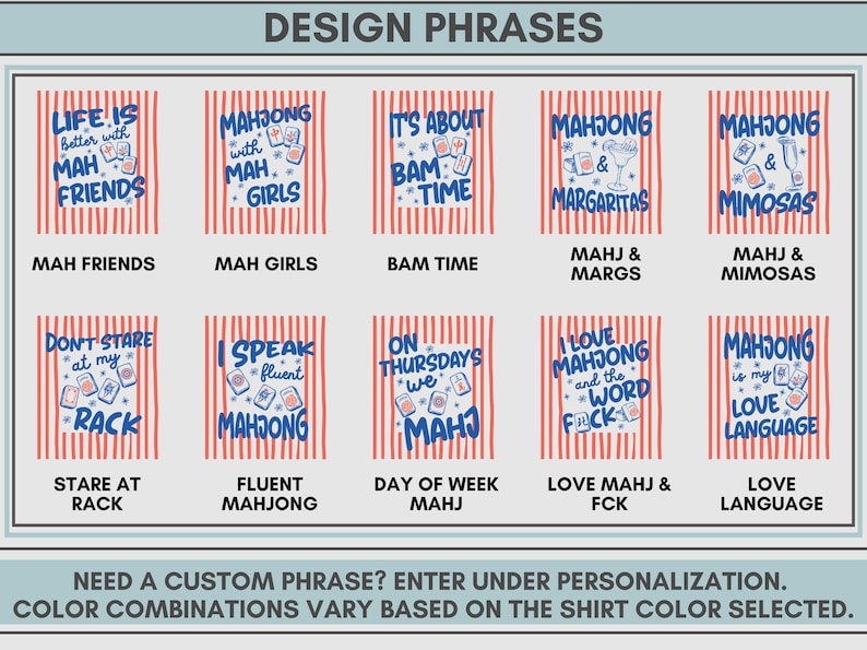 May include: A collection of ten graphic designs featuring blue text and mahjong tile illustrations over a background of vertical red stripes. Phrases include Life is Better with Mah Friends, Mahjong with Mah Girls, It's About Bam Time, Mahjong & Margaritas, Mahjong & Mimosas, Don't Stare at My Rack, I Speak Fluent Mahjong, On Thursdays We Mahj, I Love Mahjong and the Word Fck, and Mahjong is My Love Language.