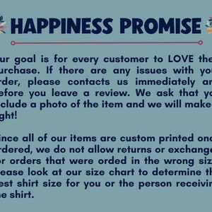 Puede incluir: Un gr&aacute;fico turquesa con las palabras "HAPPINESS PROMISE" en azul marino. El texto explica la pol&iacute;tica de servicio al cliente de la tienda, incluyendo el contacto en caso de problemas y la pol&iacute;tica de devoluci&oacute;n de impresiones personalizadas. Elementos florales decorativos en la parte superior.