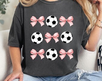Bow & Soccer Ball T-Shirt | Cute Sports Graphic Tee | Youth Soccer Shirt | Coquette Soccer Bow Design | Comfort Colors Tee | Soccer Mama Tee