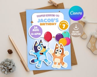 Editable Dogs Birthday Invitation Digital,Printable Dogs Birthday Party Invitation,Editable in Canva Printable Download,Kids Dog Birthday