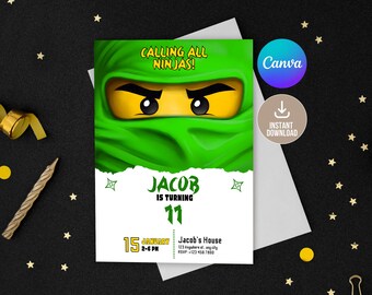 Invitation modifiable Ninja Go numérique, invitation de fête d'anniversaire ninja vert imprimable, anniversaire de karaté, invitation de fête de ninja, anniversaire de guerrier