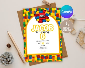 Editable Building Blocks Birthday Invitation Digital,Printable Bricks Birthday Party Invitation,Editable in Canva Download, Boy birthday