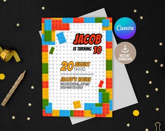 Editable Building Blocks Birthday Invitation Digital,Printable Bricks Birthday Party Invitation,Editable in Canva Download, Boy birthday