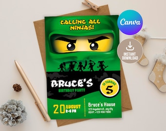 Editable Ninja Go Invitation Digital,Printable Green Ninja Birthday Party Invitation,Editable in Printable Download,Boy birthday,Green Ninja