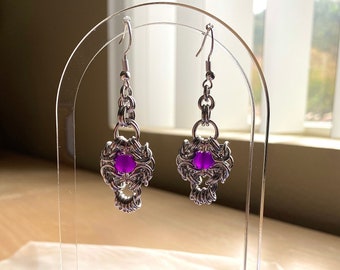 VIOLET | Romanov Chainmail earrings, purple beads, stainless steel hooks/leverback