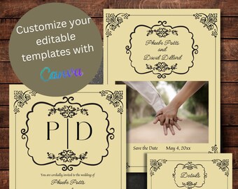 Wedding Collection Templates: Vintage Elegance. Wedding Invitation, Save the Date, RSVP, Details. Editable Canva templates. Gold yellow.