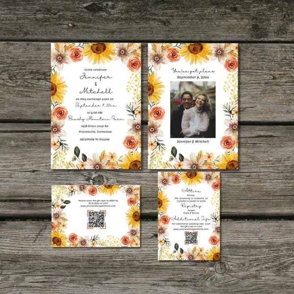 Wedding Invitation Suite Watercolor, Wedding Invitation Floral, Save the Date, RSVP with QR Code, Details Card, Canva Wedding Template