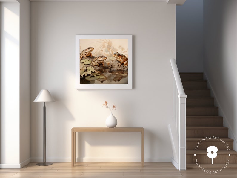 Frogs by a Pond Digital Painting, Enchanting Muted Colours, Vintage Style Nature Wall Art, Instant Download Decor image 9