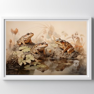 Frogs by a Pond Digital Painting, Enchanting Muted Colours, Vintage Style Nature Wall Art, Instant Download Decor image 1